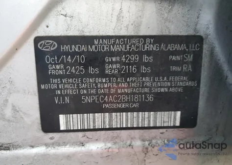 2011 Hyundai Sonata Se z USA, uszkodzony, nr VIN 5NPEC4AC2BH181136